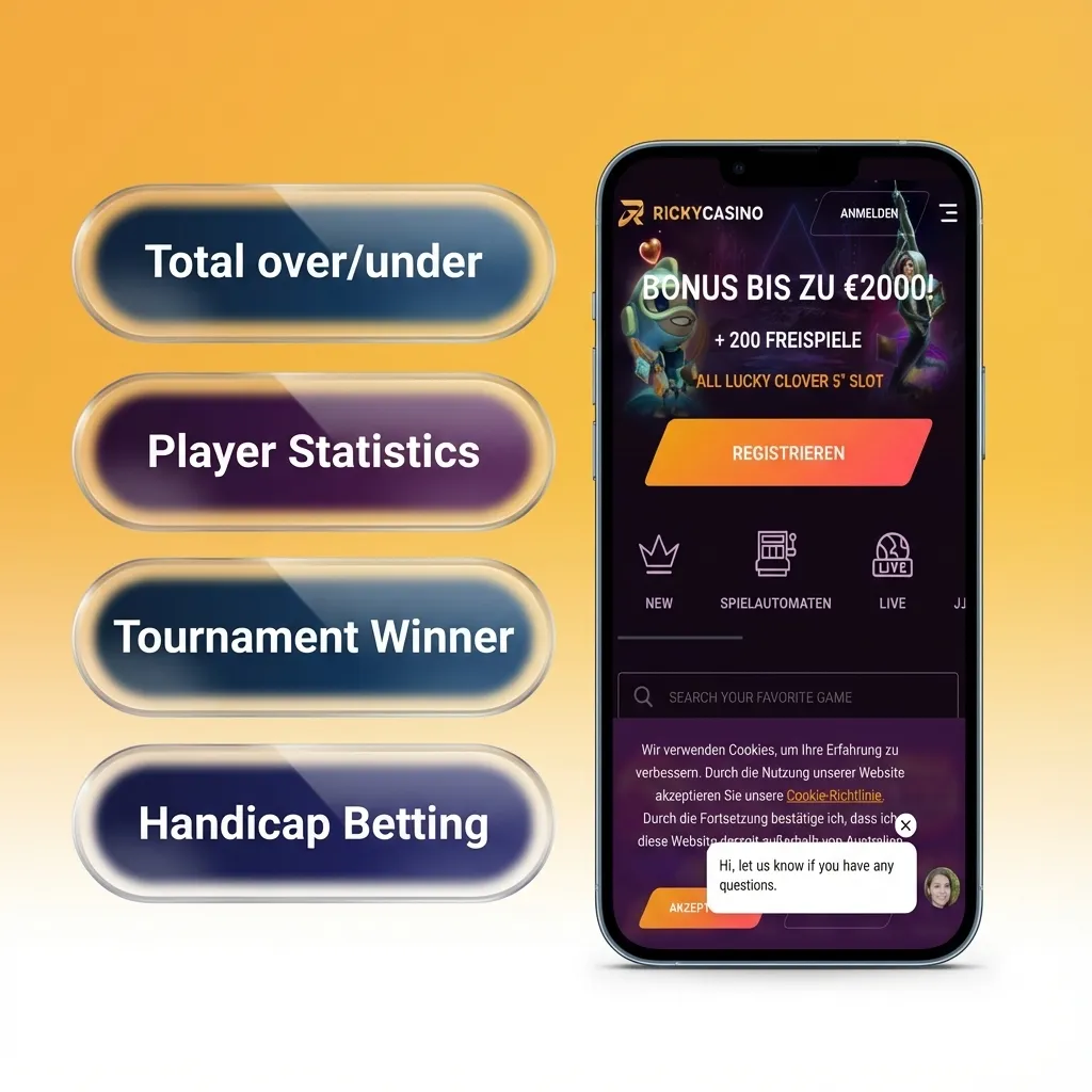 Ricky casino iOS app screen showing single, multi, system, handicap, and over/under sports bet types and options.