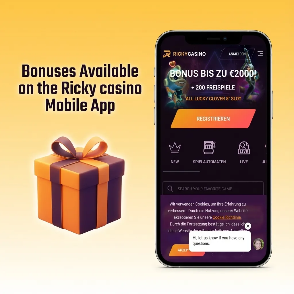 Smartphone showing Ricky casino mobile app bonuses: welcome offer, reload bonuses, free spins, and sports free bets