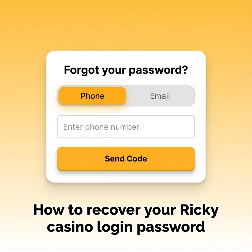 Illustrated guide showing Ricky casino login screen and step-by-step password reset process via email link.