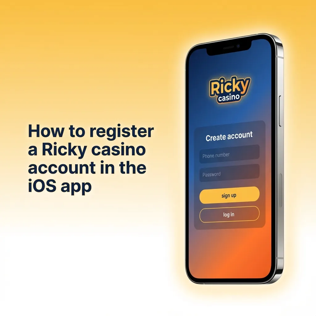 iPhone screen showing Ricky casino iOS app registration steps with email, password, personal details, and verification link