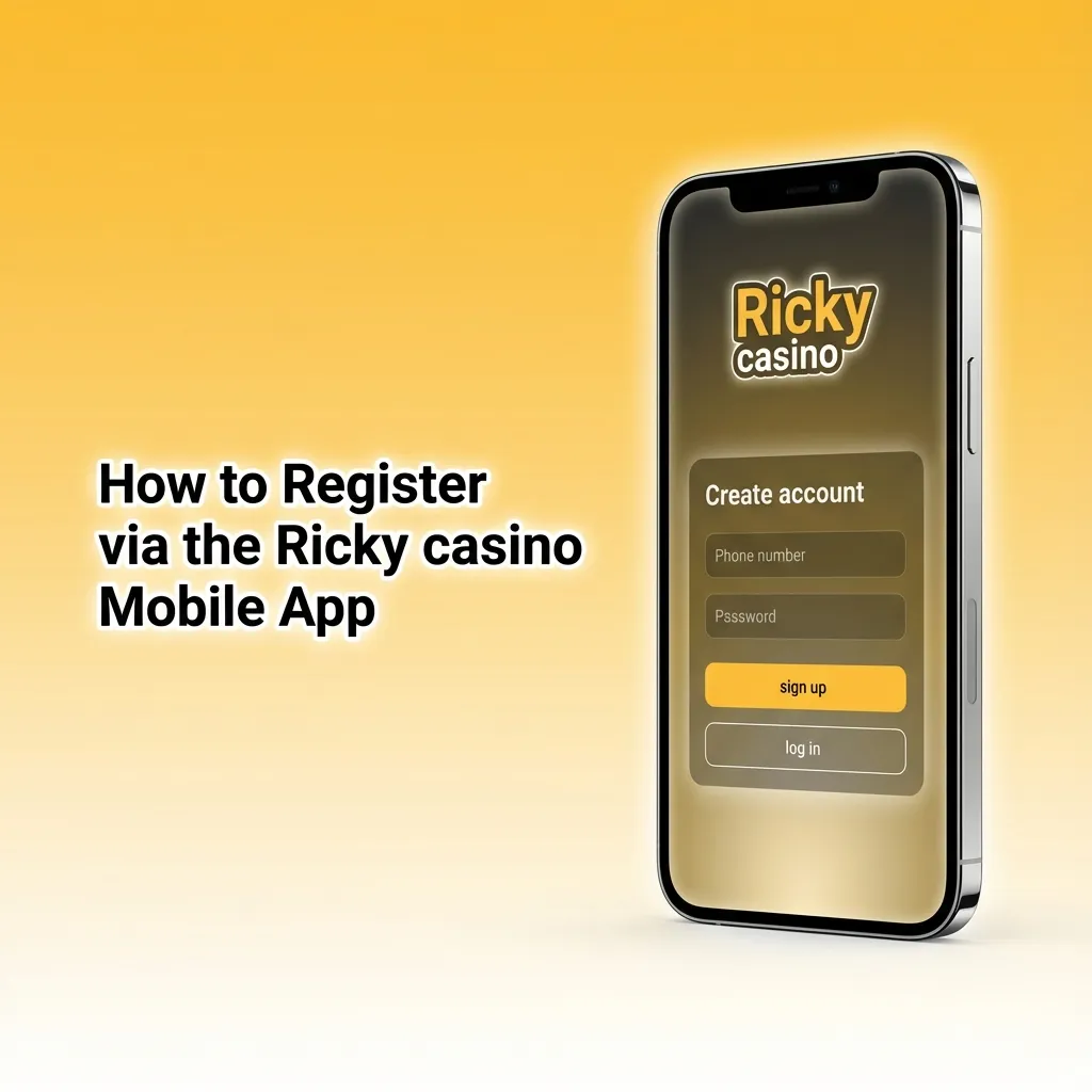 Smartphone screen showing Ricky casino app sign-up steps with icons for phone, email, and social registration options