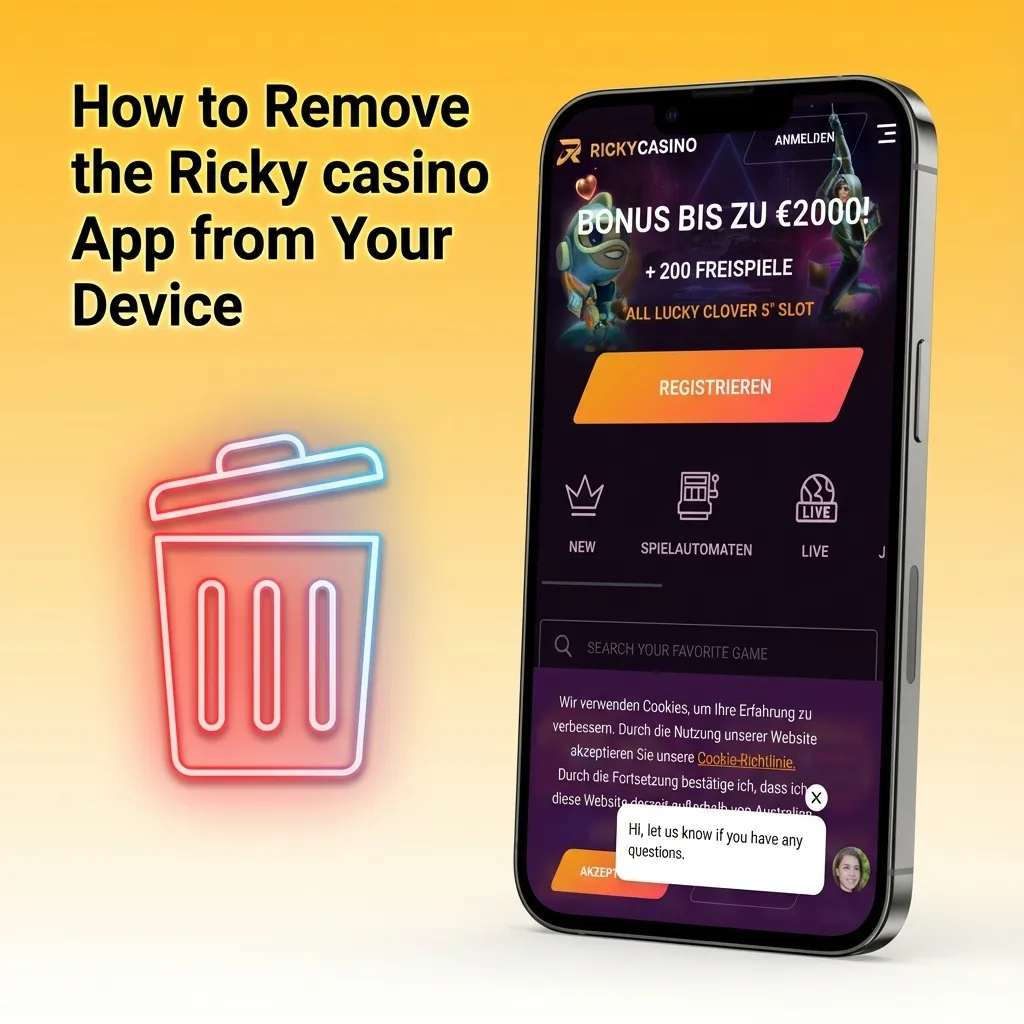 Phone screen showing a user long-pressing the Ricky casino app icon to remove it from the home screen