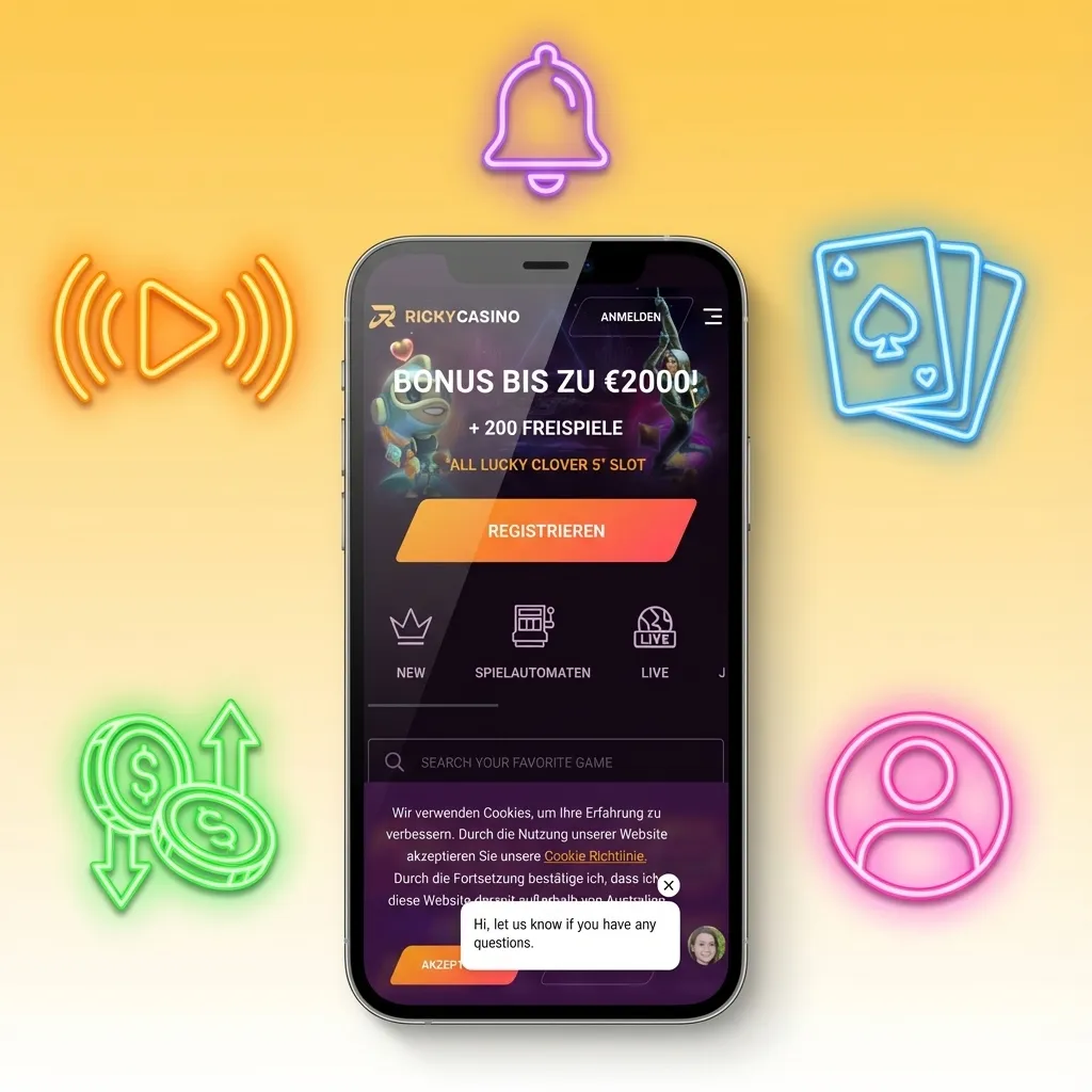 iPhone screen showing Ricky casino iOS app with pokies, live casino, and sports betting options for Australian players