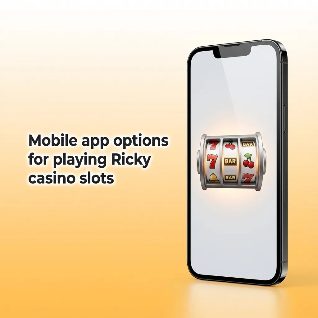 Person holding smartphone playing colourful Ricky casino slot game app, with navigation icons visible at bottom of screen