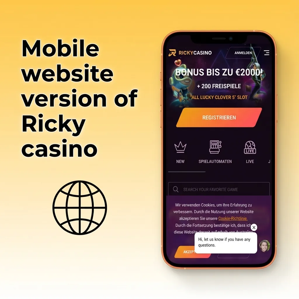 Smartphone displaying Ricky casino mobile site with thumb-friendly buttons, odds, pokies list and menus visible on screen