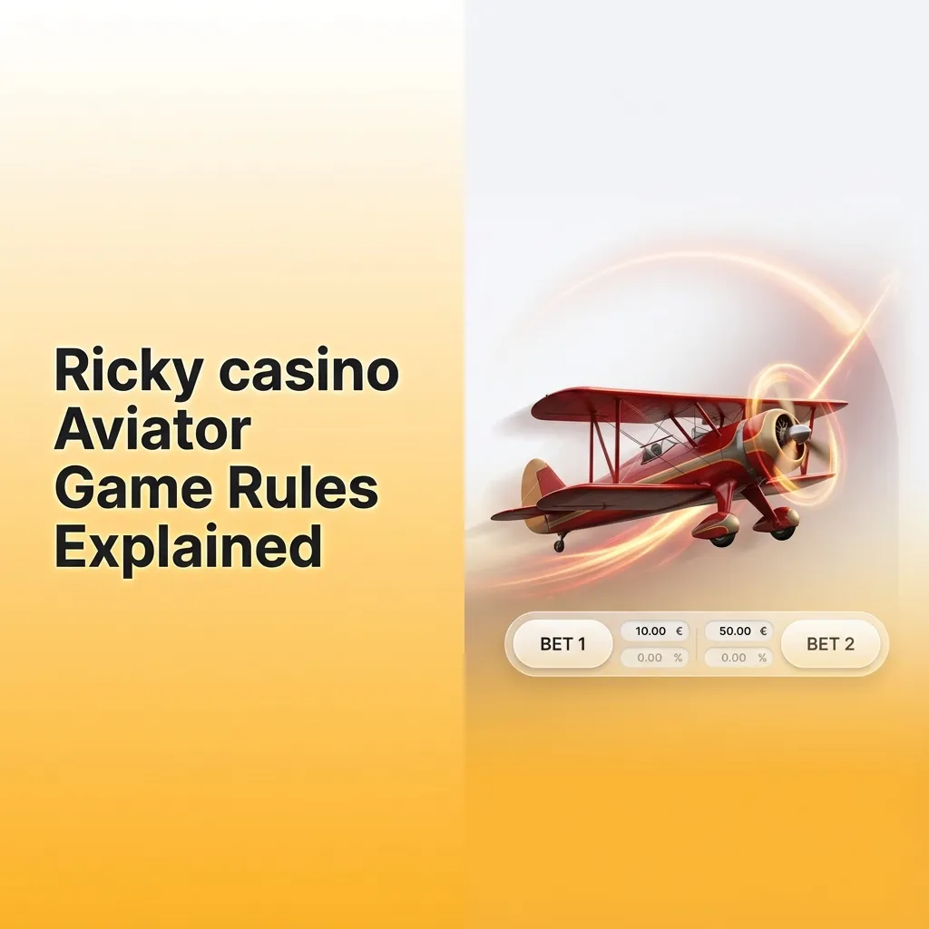 Illustration of Ricky Casino Aviator game with rising red plane, multiplier bar, and brief crash-style game rules text