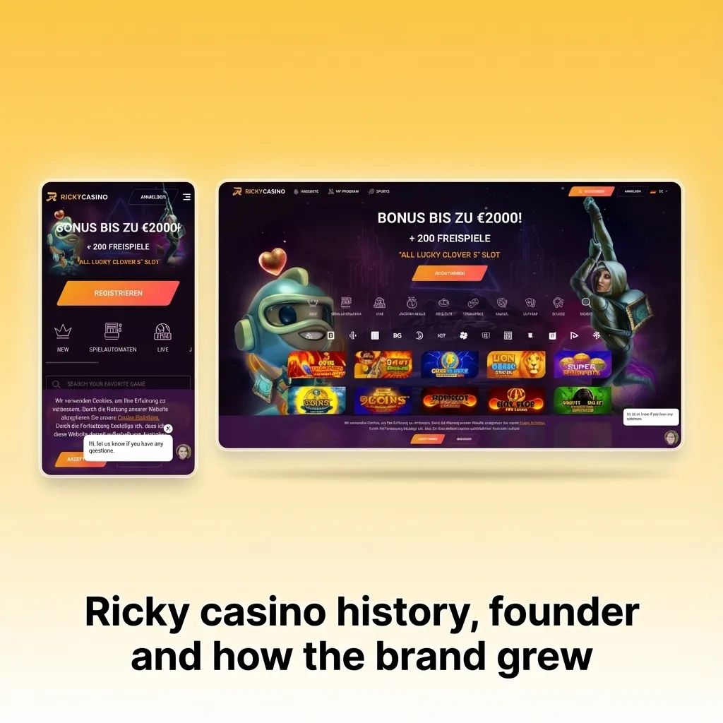 Infographic showing Ricky Casino’s 2021 launch, founder Mark Harrison, Cyprus HQ, Curacao license, and Australia–NZ focus