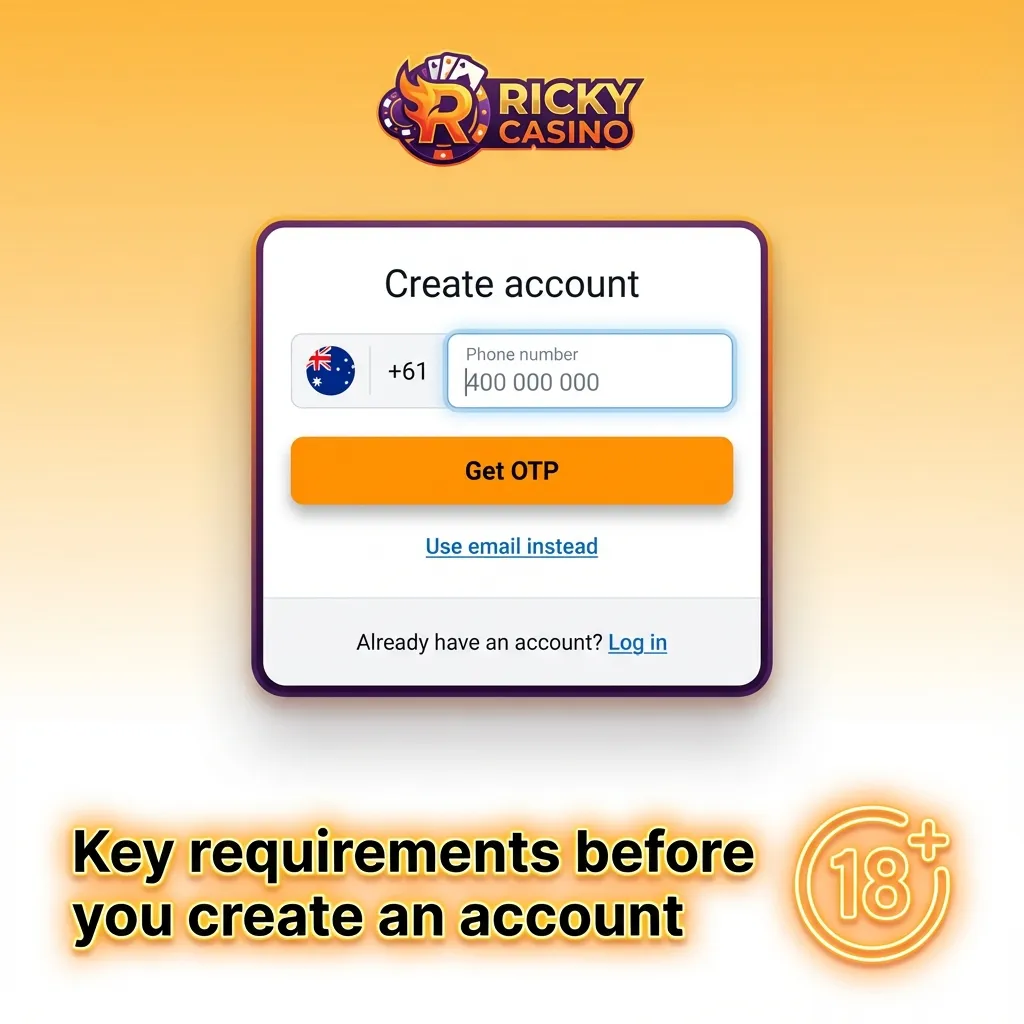 Checklist graphic showing age 18+, one account, true details, and ID documents required for Ricky casino registration