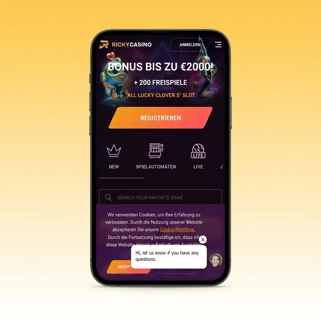 Ricky casino mobile interface with large buttons and tabs for pokies, live games, betting, cashier, and support
