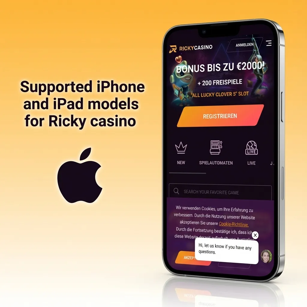 Graphic showing supported iPhone and iPad models for the Ricky casino iOS app in Australia