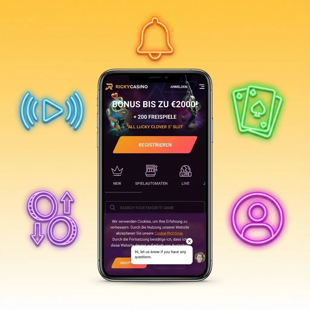 Smartphone showing Ricky casino app-style site with pokies, live betting odds, bonuses, and AUD balance for Australian players